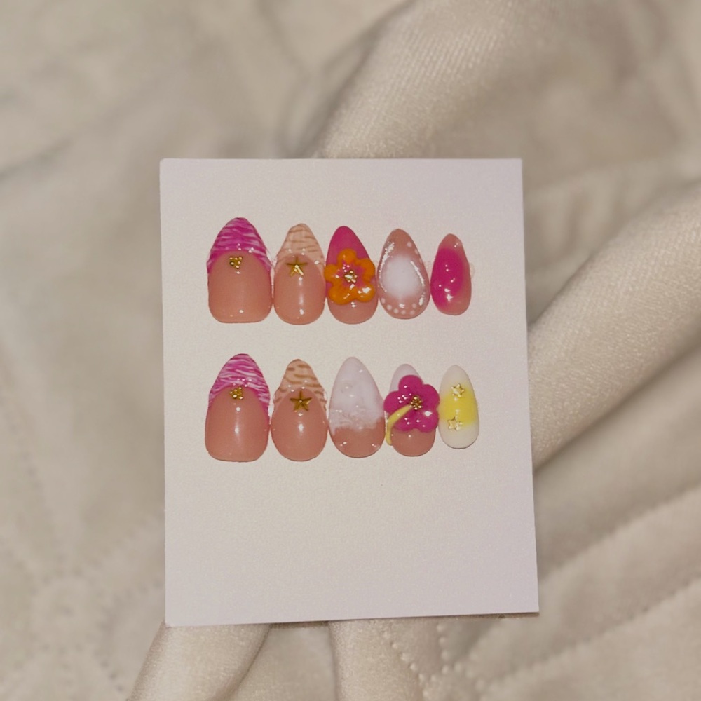 Vibrant Press-On Nails Set - Pink, Yellow, White